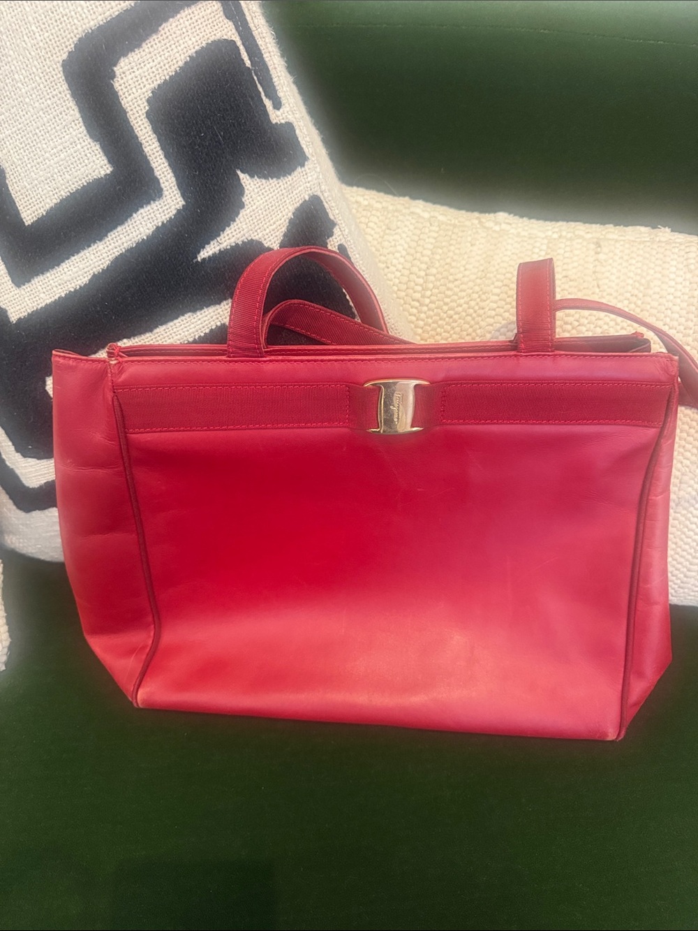 Salvatore Ferragamo Red Leather Tote with Gold Plaque